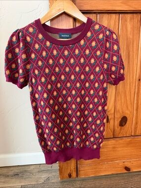 ModCloth Short Sleeve Floral Argyle Knit Sweater | Size Large